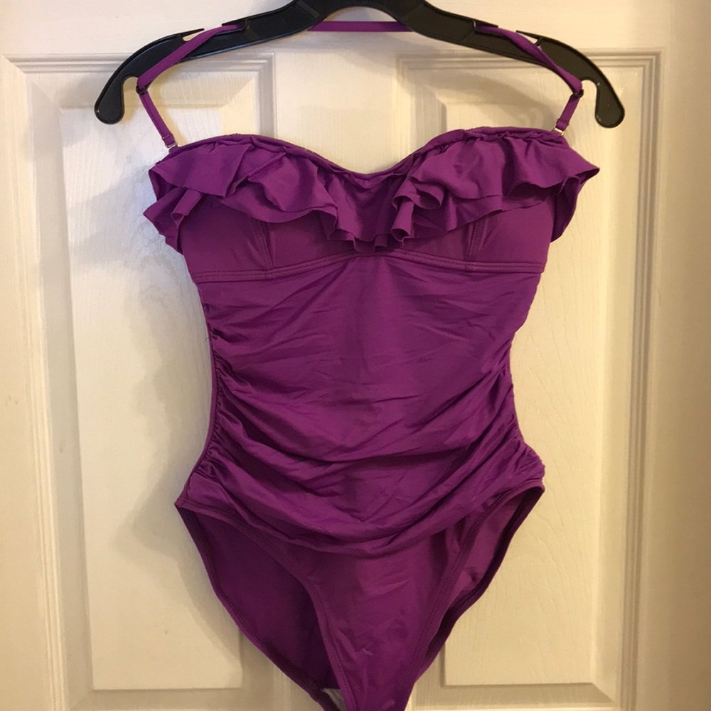 Purple ruffle neck one piece by la Blanca